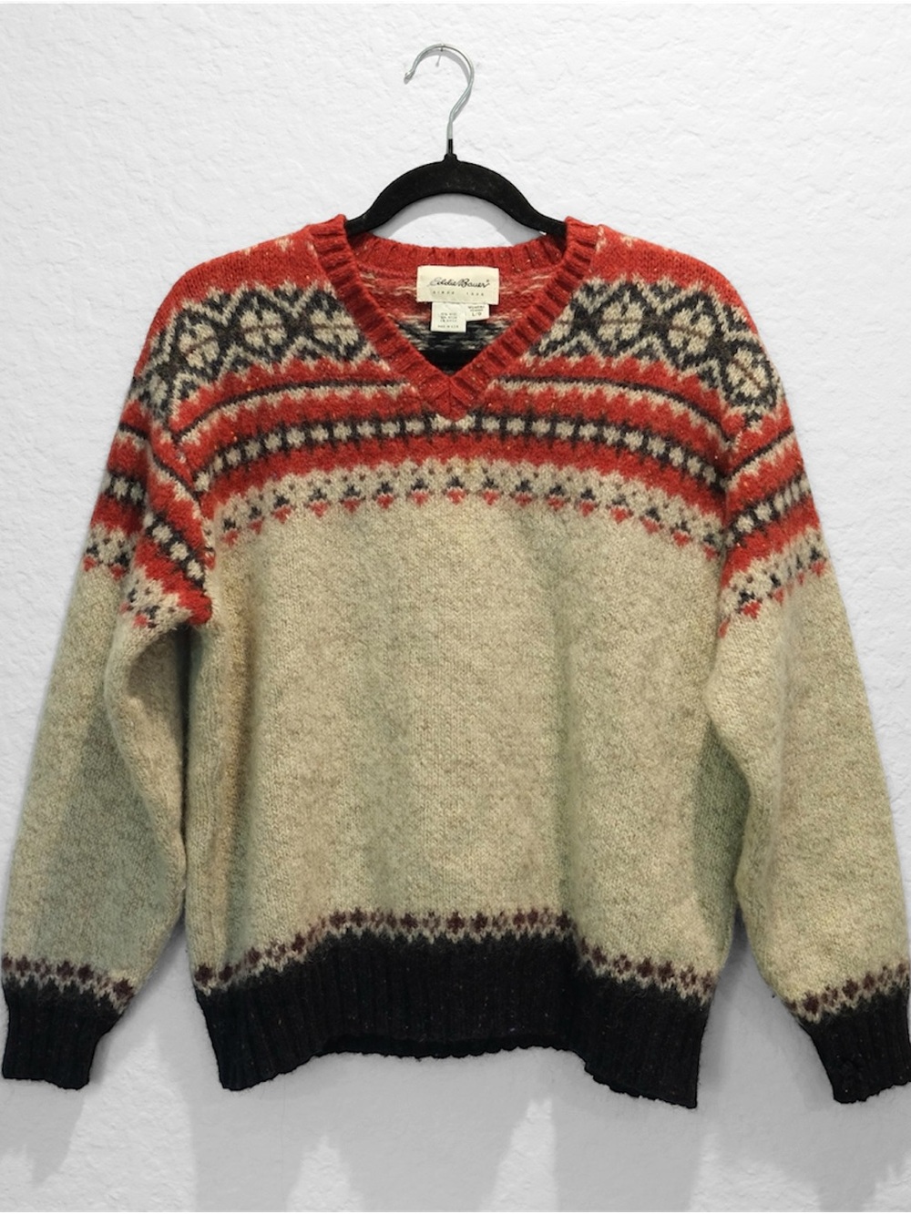 Vintage 90s Eddie Bauer Wool Fair Isle Sweater Women L USA Beige Red Black